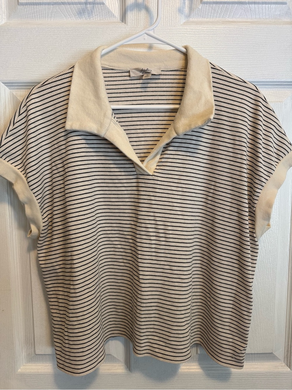 St. John Collection Cream and Black Striped Polo Blouse